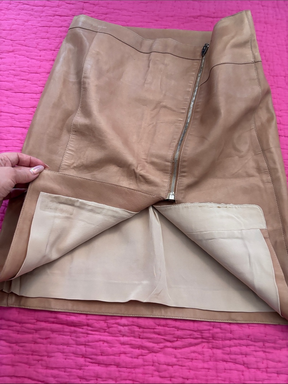 Alexander Wang Tan genuine Leather Pencil Skirt with Asymmetrical Zip, US6 - Picture 3 of 9
